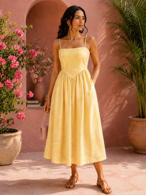 Sunlit Bloom Linen Midi Dress
